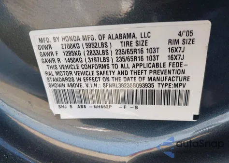 2005 Honda Odyssey Lx z USA, uszkodzony, nr VIN 5FNRL38235B093935